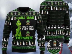 Grinch I Will Drink Jagermeister Everywhere Ugly Christmas Sweater - Image 1