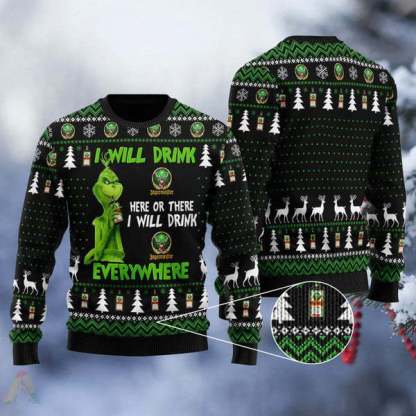 grinch i will drink jagermeister everywhere ugly christmas sweater 1 Grinch I Will Drink Jagermeister Everywhere Ugly Christmas Sweater - Image 1