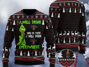 Grinch I Will Drink Jim Beam Everywhere Ugly Christmas Sweater - Image 1