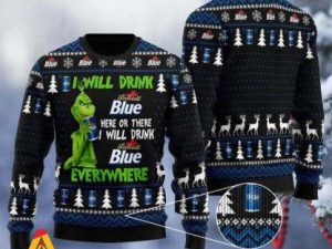 Grinch I Will Drink Labatt Blue Everywhere Ugly Christmas Sweater - Image 1