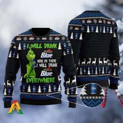grinch i will drink labatt blue everywhere ugly christmas sweater 1 Grinch I Will Drink Labatt Blue Everywhere Ugly Christmas Sweater - Image 1