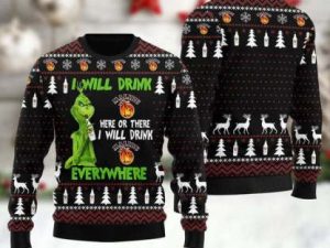 Grinch I Will Drink Malibu Everywhere Ugly Christmas Sweater - Image 1