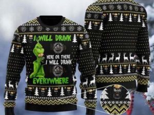Grinch I Will Drink Mexican Lager Everywhere Christmas Gift Ugly Christmas Sweater - Image 1