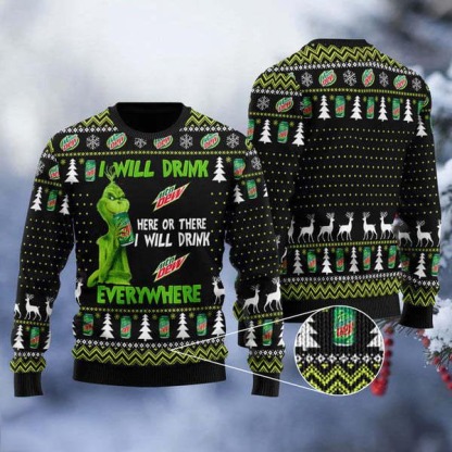 grinch i will drink mountain dew everywhere ugly christmas sweater 1 Grinch I Will Drink Mountain Dew Everywhere Ugly Christmas Sweater - Image 1
