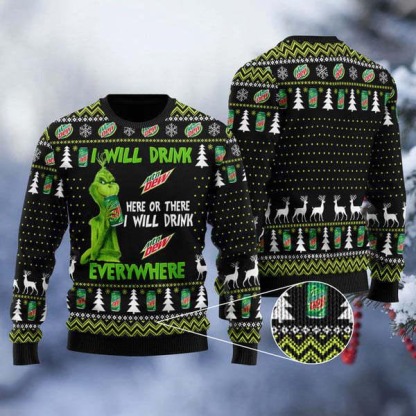 grinch i will drink mountain dew everywhere ugly christmas sweater holiday gift 1 Grinch I Will Drink Mountain Dew Everywhere Ugly Christmas Sweater Holiday Gift - Image 1
