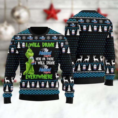 grinch i will drink natural light everywhere ugly christmas sweater 1 Grinch I Will Drink Natural Light Everywhere Ugly Christmas Sweater - Image 1