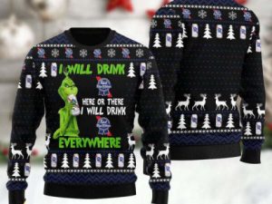 Grinch I Will Drink Pabst Blue Ribbon Everywhere Ugly Christmas Sweater - Image 1