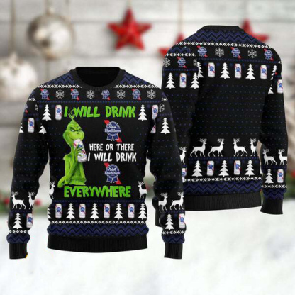 grinch i will drink pabst blue ribbon everywhere ugly christmas sweater 1 Grinch I Will Drink Pabst Blue Ribbon Everywhere Ugly Christmas Sweater - Image 1