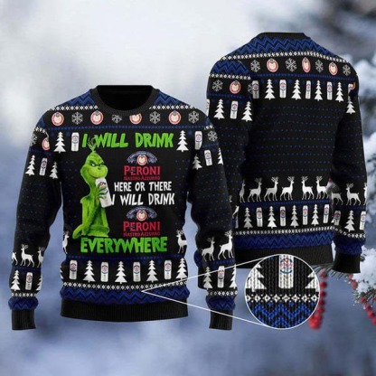 grinch i will drink peroni nastro azzurro everywhere christmas gift ugly christmas sweater 1 Grinch I Will Drink Peroni Nastro Azzurro Everywhere Christmas Gift Ugly Christmas Sweater - Image 1