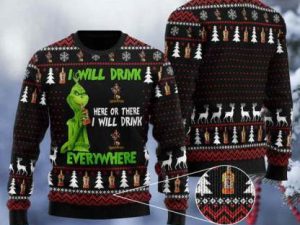 Grinch I Will Drink Spiced Rum Everywhere Ugly Christmas Sweater - Image 1