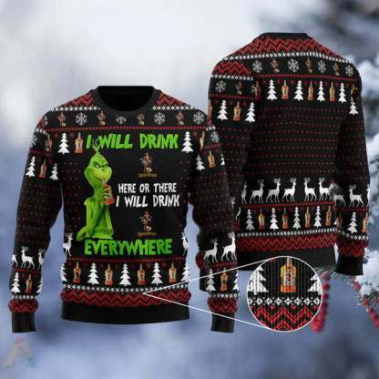 grinch i will drink spiced rum everywhere ugly christmas sweater 1 Grinch I Will Drink Spiced Rum Everywhere Ugly Christmas Sweater - Image 1