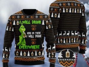 Grinch I Will Drink Titos Everywhere Ugly Christmas Sweater Holiday Gift - Image 1