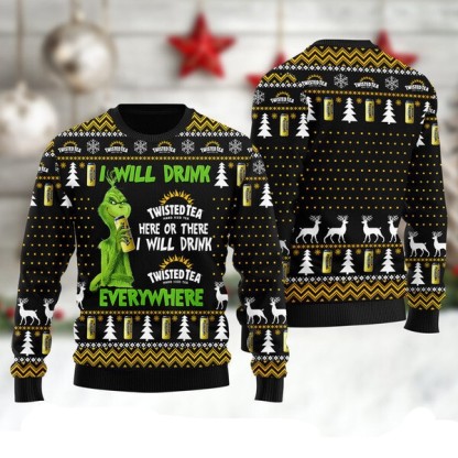 grinch i will drink twisted tea everywhere ugly christmas sweater holiday gift 1 Grinch I Will Drink Twisted Tea Everywhere Ugly Christmas Sweater Holiday Gift - Image 1