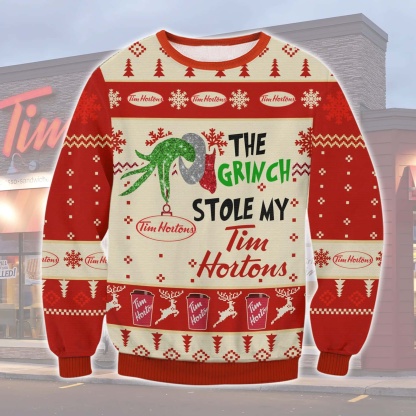 grinch stole tim hortons ugly christmas sweater holiday gift 1 Grinch Stole Tim Hortons Ugly Christmas Sweater Holiday Gift - Image 1