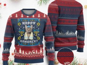Hanukkah Cat Ugly Christmas Sweater Jewish Festival - Image 1