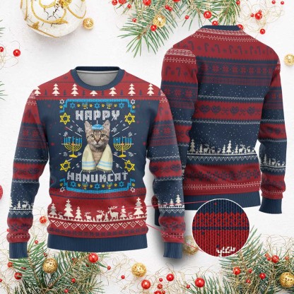 hanukkah cat ugly christmas sweater jewish festival 1 Hanukkah Cat Ugly Christmas Sweater Jewish Festival - Image 1