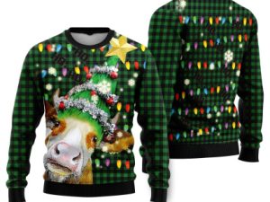 Ho Ho Ho Cow Christmas Tree Ugly Christmas Sweater - Image 1