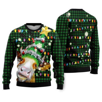 ho ho ho cow christmas tree ugly christmas sweater 1 Ho Ho Ho Cow Christmas Tree Ugly Christmas Sweater - Image 1