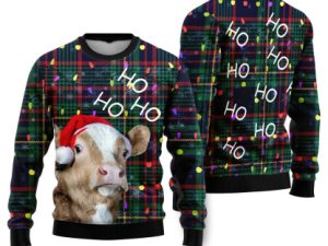 Ho Ho Ho Cow Christmas Tree Ugly Christmas Sweater Holiday Gift - Image 1