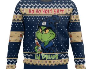 Ho Ho Holy Sht Im Drunk Miller Lite Grinch Ugly Christmas Sweater - Image 1