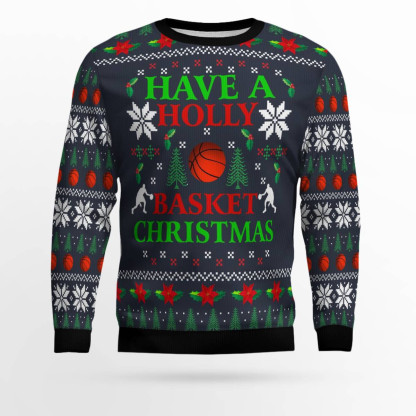 holly basket basketball ugly christmas sweater 1 Holly Basket Basketball Ugly Christmas Sweater - Image 1