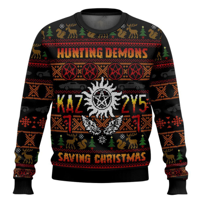 hunting demons saving christmas kaz 2y5 supernatural ugly christmas sweater 1 Hunting Demons Saving Christmas Kaz 2Y5 Supernatural Ugly Christmas Sweater - Image 1