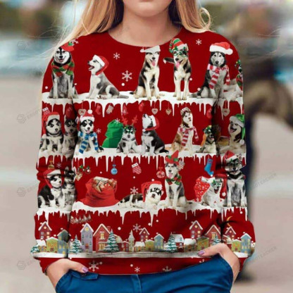husky snow christmas 3d ugly christmas sweater 1 Husky Snow Christmas 3D Ugly Christmas Sweater - Image 1