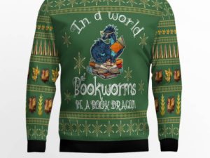 In A World Of Bookworms Be A Book Dragon Ugly Christmas Sweater - Image 1