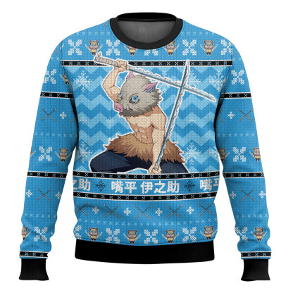 inosuke demon slayer ugly christmas sweater 1 Inosuke Demon Slayer Ugly Christmas Sweater - Image 1
