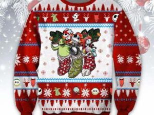 Jack Sally And Oogie Boogie Blue Funny Couples Ugly Christmas Sweaters - Image 1