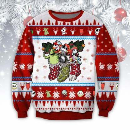 jack sally and oogie boogie blue funny couples ugly christmas sweaters 1 Jack Sally And Oogie Boogie Blue Funny Couples Ugly Christmas Sweaters - Image 1