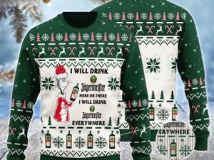 Jagermeister Cat Hat Will Drink Everywhere Ugly Christmas Sweater - Image 1