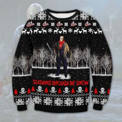 jason voorhees slashing ugly christmas sweater 1 Jason Voorhees Slashing Ugly Christmas Sweater - Image 1