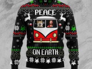 Jesus Christ Shiba Inu Peace On Earth Ugly Christmas Sweater - Image 1