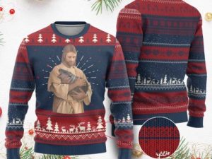 Jesus Loves Moo Deng Ugly Christmas Sweater Bouncy Pig Cute Pygmy Hippo Meme - Image 1