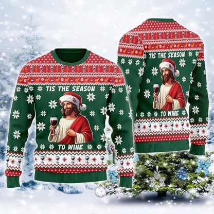 jesus with wine glass ugly christmas sweater 1 Jesus With Wine Glass Ugly Christmas Sweater - Image 1
