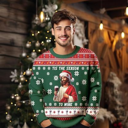jesus with wine glass ugly christmas sweater 2 Jesus With Wine Glass Ugly Christmas Sweater - Image 2