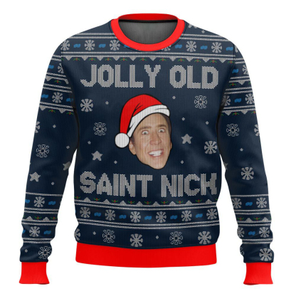 jolly old saint nick nicolas cage ugly christmas sweater 1 Jolly Old Saint Nick Nicolas Cage Ugly Christmas Sweater - Image 1