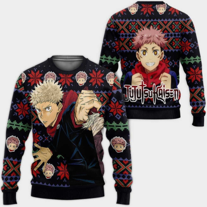jujutsu kaisen yuji itadori custom ugly christmas sweater 1 Jujutsu Kaisen Yuji Itadori Custom Ugly Christmas Sweater - Image 1