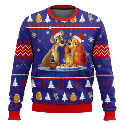 lady and the tramp spaghetti ugly christmas sweater 1 Lady And The Tramp Spaghetti Ugly Christmas Sweater - Image 1