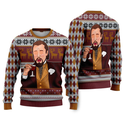 leonardo laughing meme brown ugly christmas sweater 1 Leonardo Laughing Meme Brown Ugly Christmas Sweater - Image 1