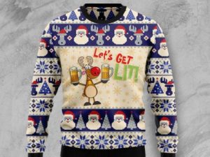 Lets Get Lit Reindeer Drink Beer Ugly Christmas Sweater - Image 1