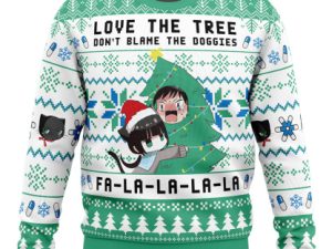 Love The Tree Dont Blame The Doggies Fa La La La La Relife Ugly Christmas Sweater - Image 1