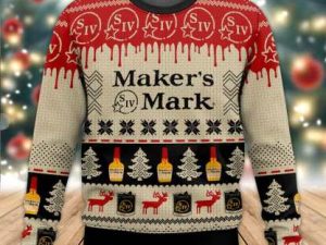 Makers Mark Bourbon Whisky Pine Tree Reindeer Ugly Christmas Sweater - Image 1