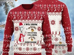 Malibu Cat Hat Will Drink Everywhere Ugly Christmas Sweater Holiday Gift - Image 1