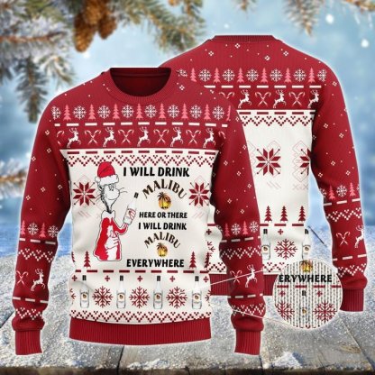 malibu cat hat will drink everywhere ugly christmas sweater holiday gift 1 Malibu Cat Hat Will Drink Everywhere Ugly Christmas Sweater Holiday Gift - Image 1