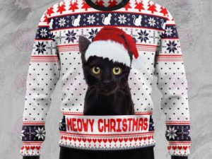 Meowy Christmas Cat With Santa Hat Ugly Christmas Sweater - Image 1