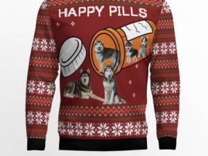Merry Christmas Siberian Husky Happy Pills Ugly Christmas Sweater - Image 1
