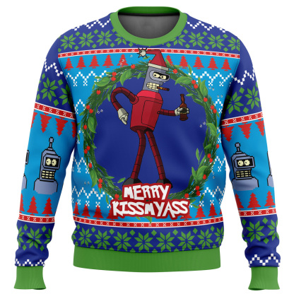 merry kissmyass futurama ugly christmas sweater 1 Merry Kissmyass Futurama Ugly Christmas Sweater - Image 1