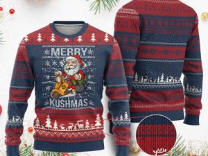 Merry Kushmas Ugly Christmas Sweater Ugly Santa Smoking Cannabis Weed Xmas - Image 1